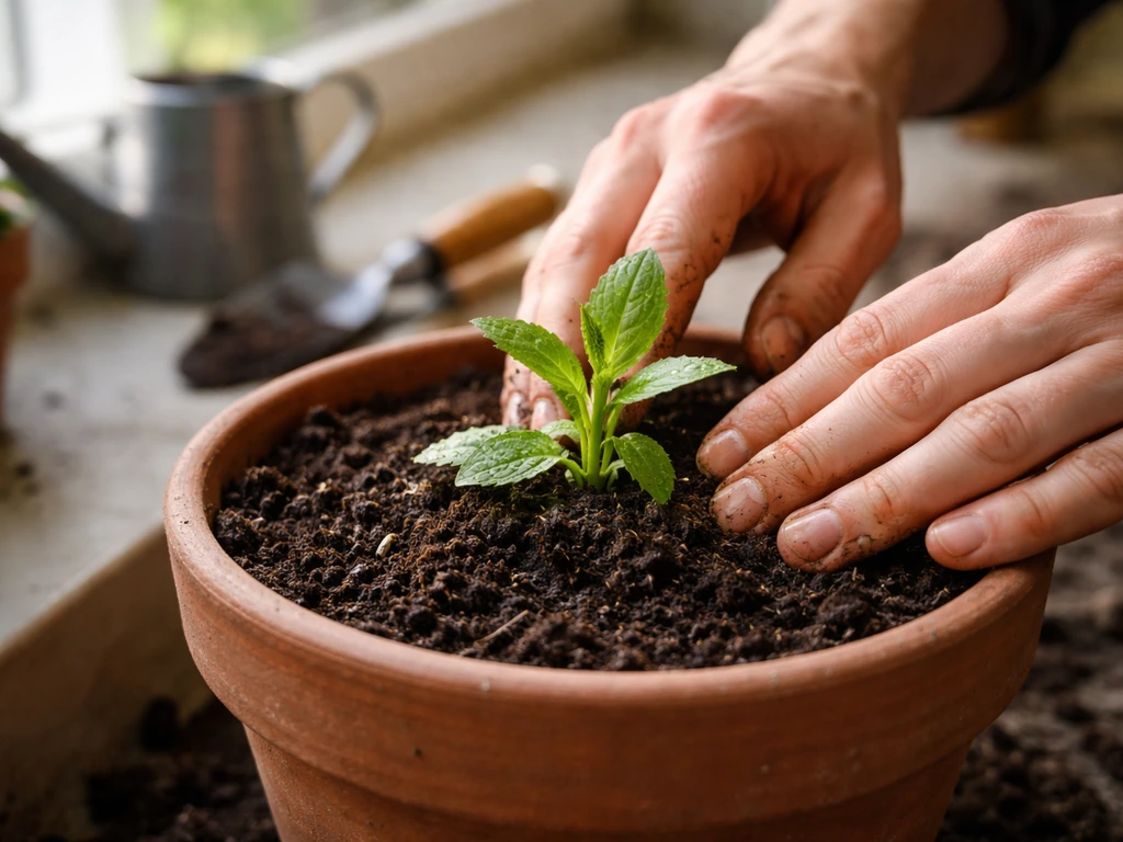 Hands planting a small foxglove seedling into a pot, checking the depth with potting mix nearby.