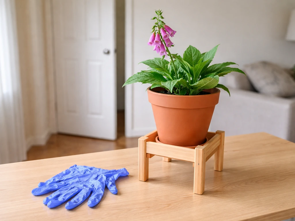 Foxglove plant in a pot indoors with nitrile gloves nearby to suggest keeping toxic plants out of reach.