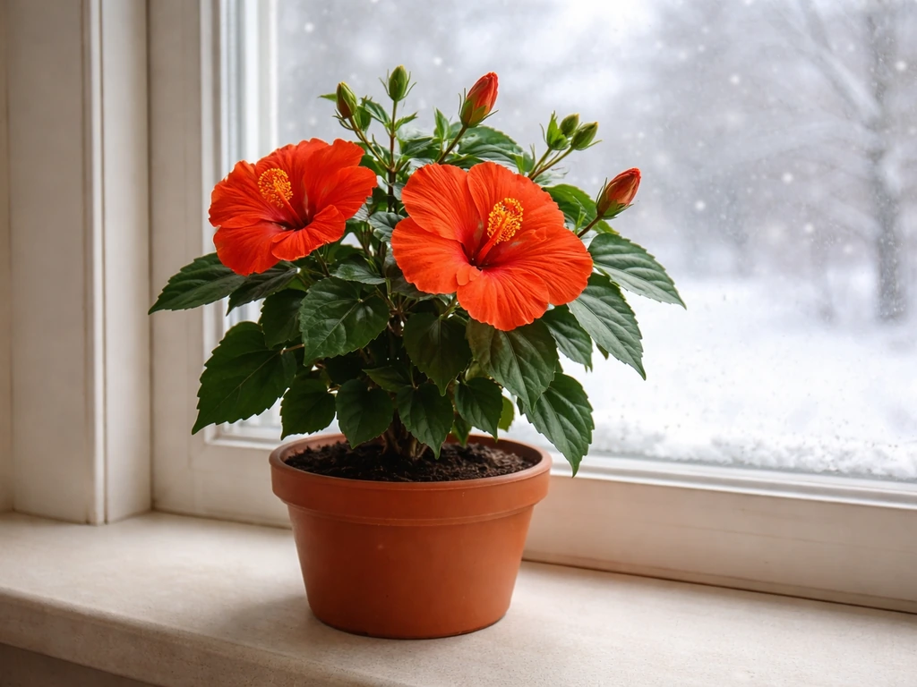 Vivid potted hibiscus indoors by a bright winter window with natural light
