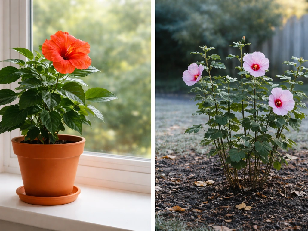 Side-by-side tropical potted hibiscus indoors and hardy hibiscus outdoors in cool weather