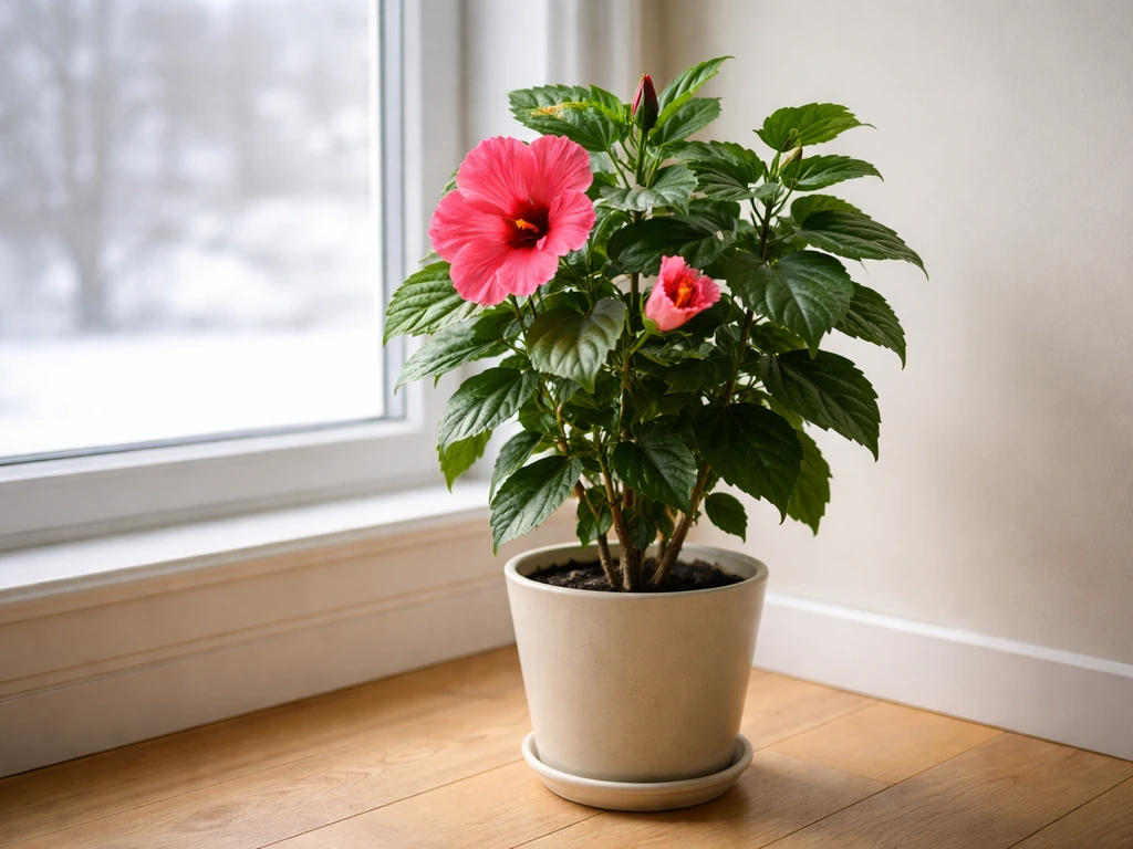 Tropical hibiscus in a pot thriving indoors beside a bright winter window, with green leaves and blooms.