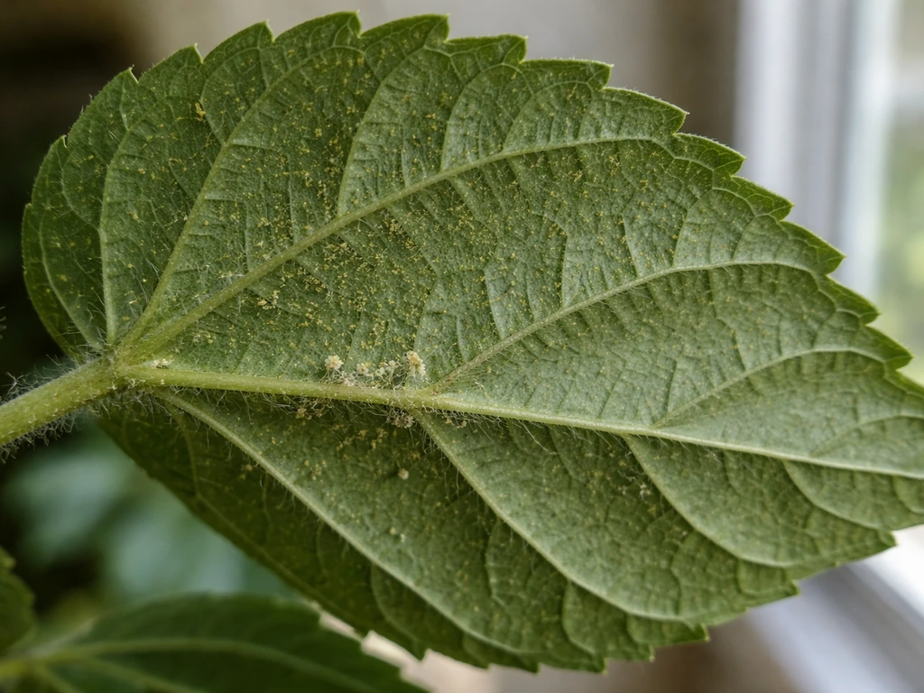 Close-up of hibiscus leaf underside with tiny spider-mite webbing and stippled damage