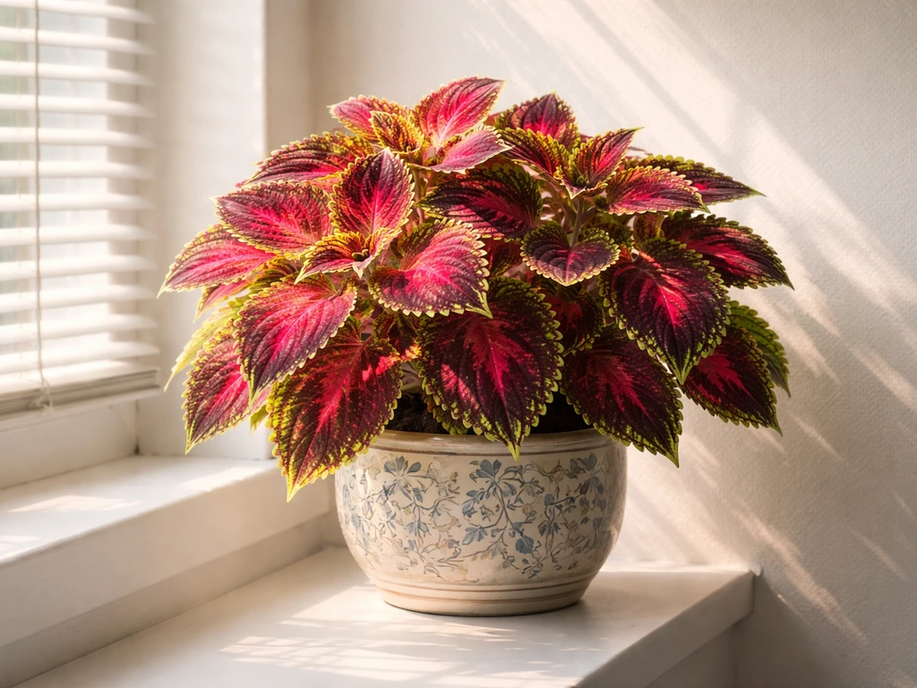 Indoor coleus plant in a decorative pot in bright window light, dense colorful leaves.