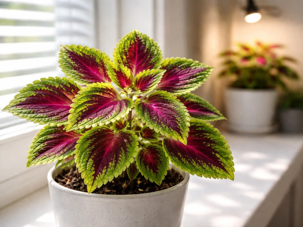 Close-up coleus plant on a bright windowsill showing crisp, well-lit leaves.
