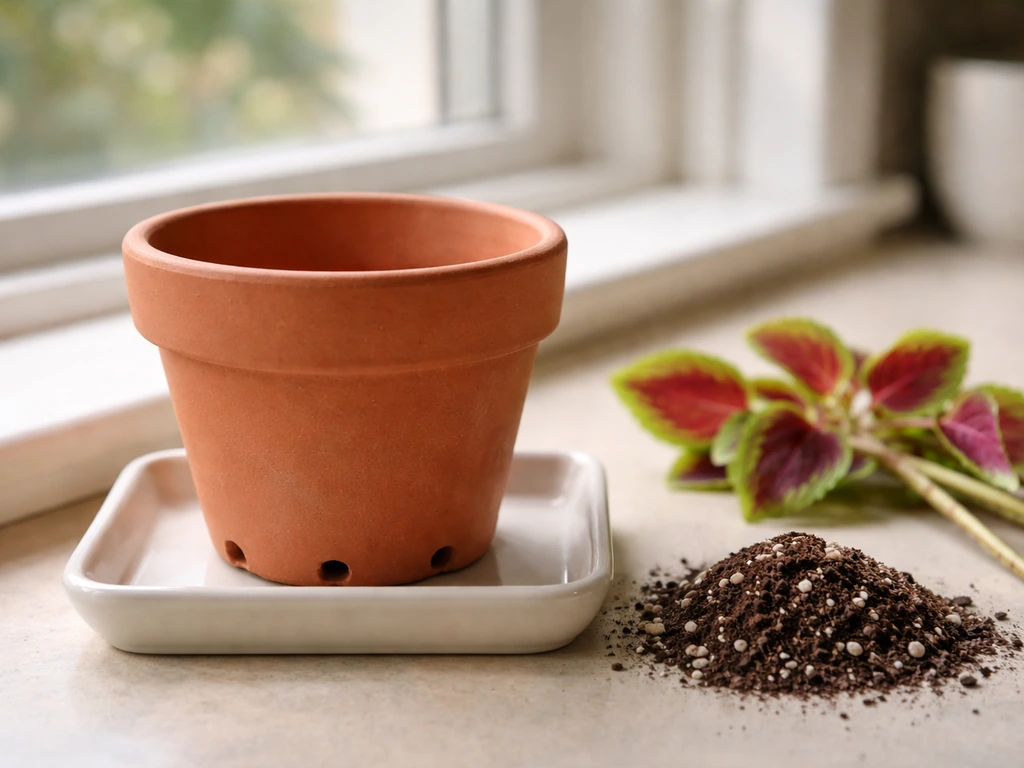 Terracotta pot with drainage holes on a windowsill beside well-draining potting mix for coleus indoors.