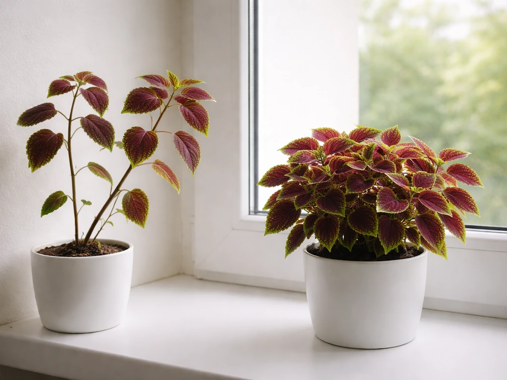 Two indoor coleus plants side-by-side: one leggy and stretched, the other fuller and compact by a bright window.