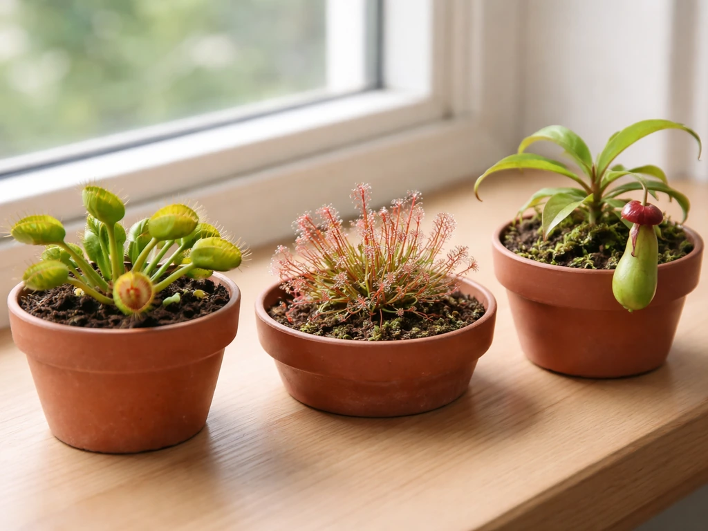 Curated indoor carnivorous plants—venus flytrap, sundew, and a small nepenthes—in terrarium pots on a windowsill.
