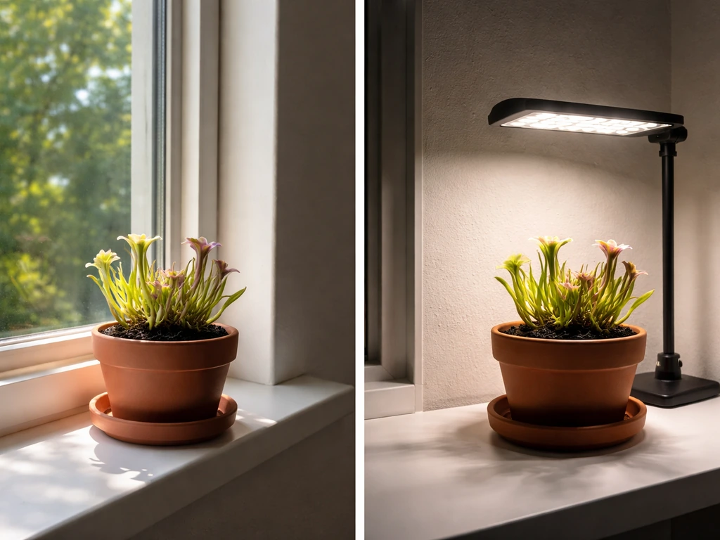 Left side shows plants by a south-facing window; right side shows plants under an LED grow light.