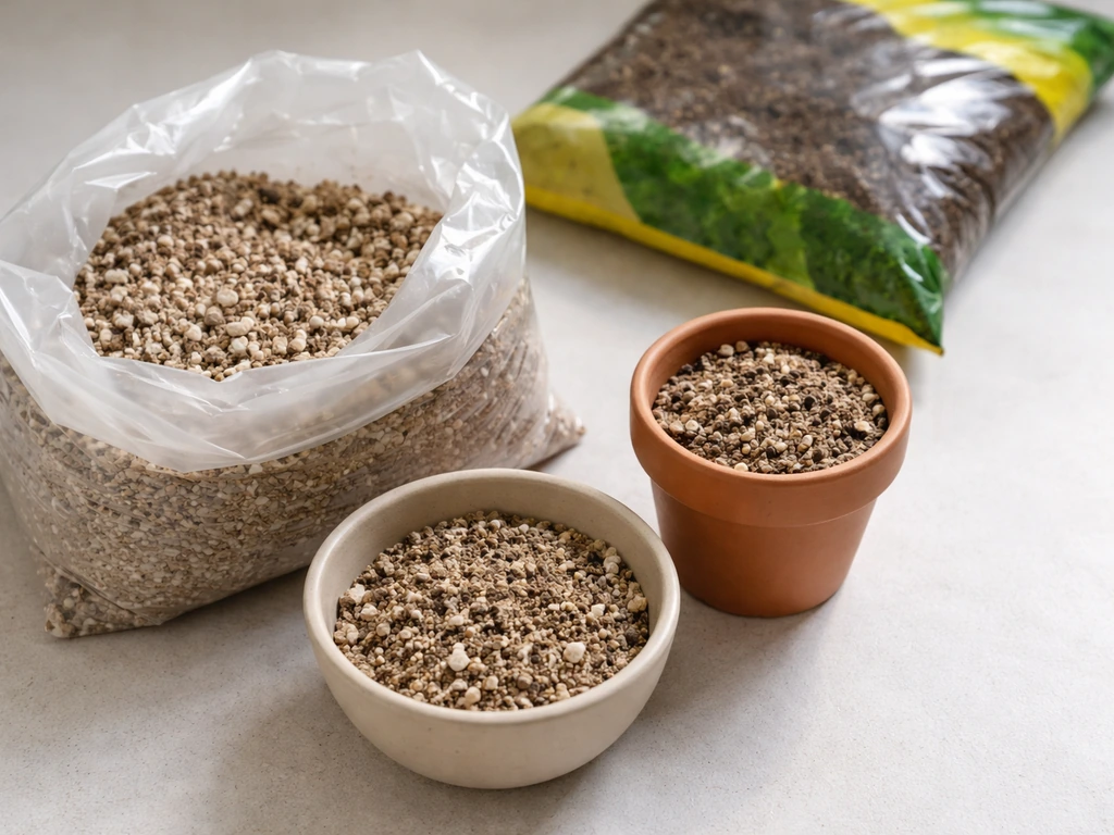 Open bowl and terracotta pot filled with peat/sand/perlite mix, with a separate standard potting mix bag.