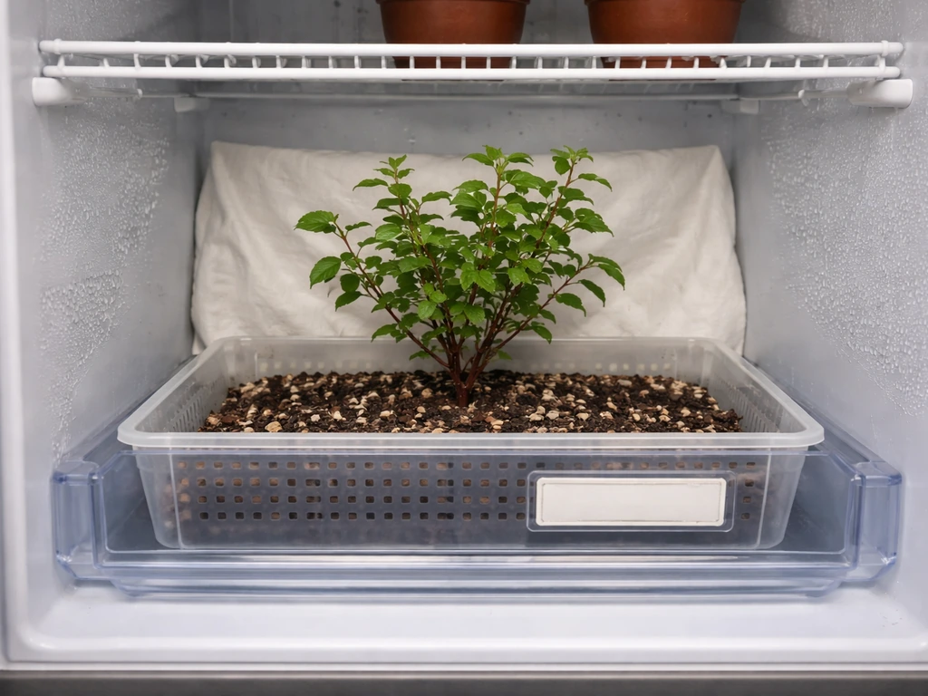 Temperate plant in a ventilated tray inside an open refrigerator for indoor winter dormancy setup.