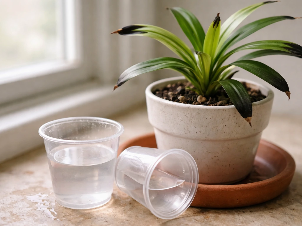 Indoor houseplant with blackened tips beside mineral-speckled water cup and clear water for a fix.