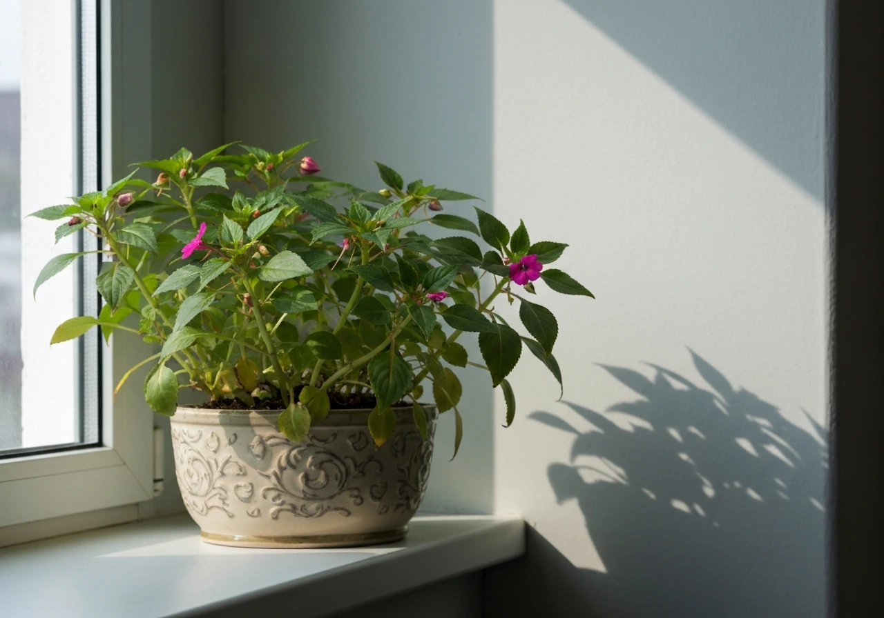 Lush New Guinea impatiens with blossoms thriving on a bright windowsill in a decorative pot.