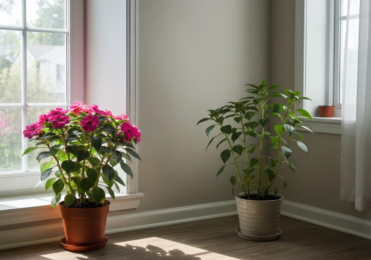 Two New Guinea impatiens in pots by different windows, one bright and one in shade to show light placement impact.