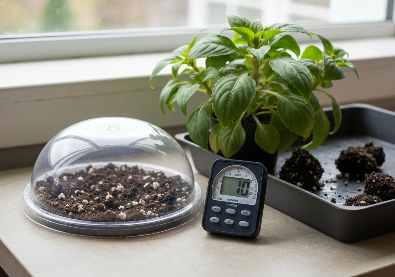 Humidity dome beside New Guinea impatiens leaves, with a nearby temp/humidity gauge device visible.