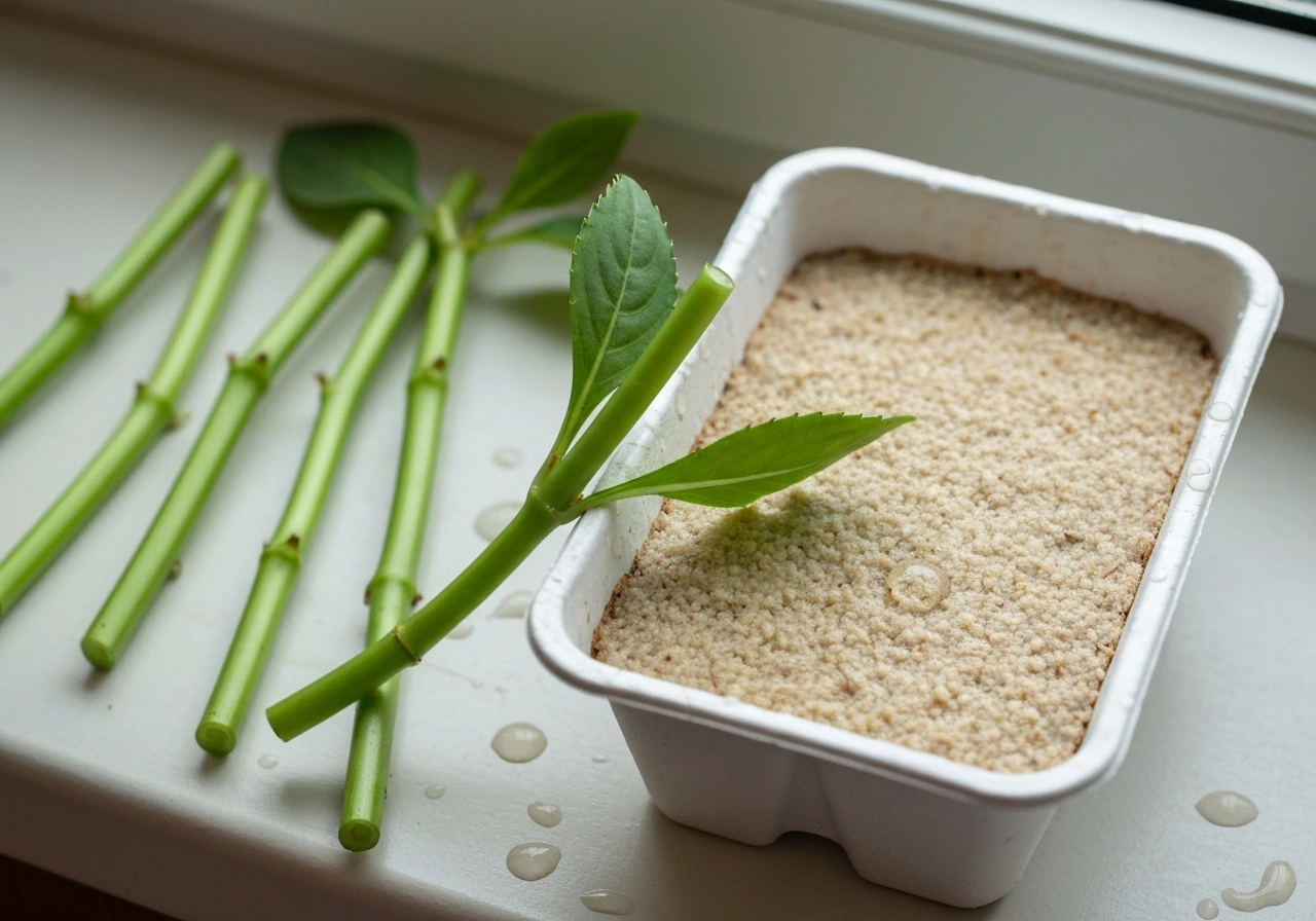 Green stem cuttings with leaf nodes prepared in moist propagation medium to start indoor plant rooting.