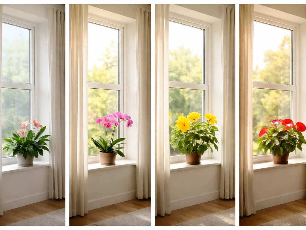 Four window light scenarios with indoor flowering plants placed in each exposure direction.