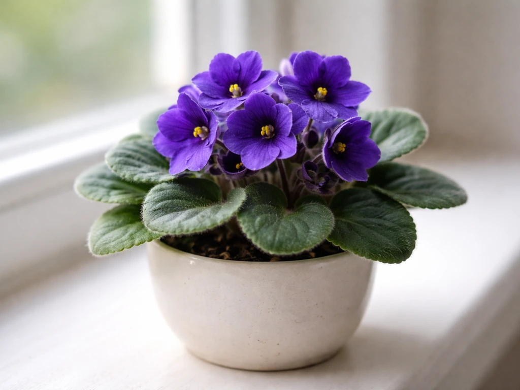Close-up of an African violet in a small pot with vivid purple blooms on a bright windowsill.