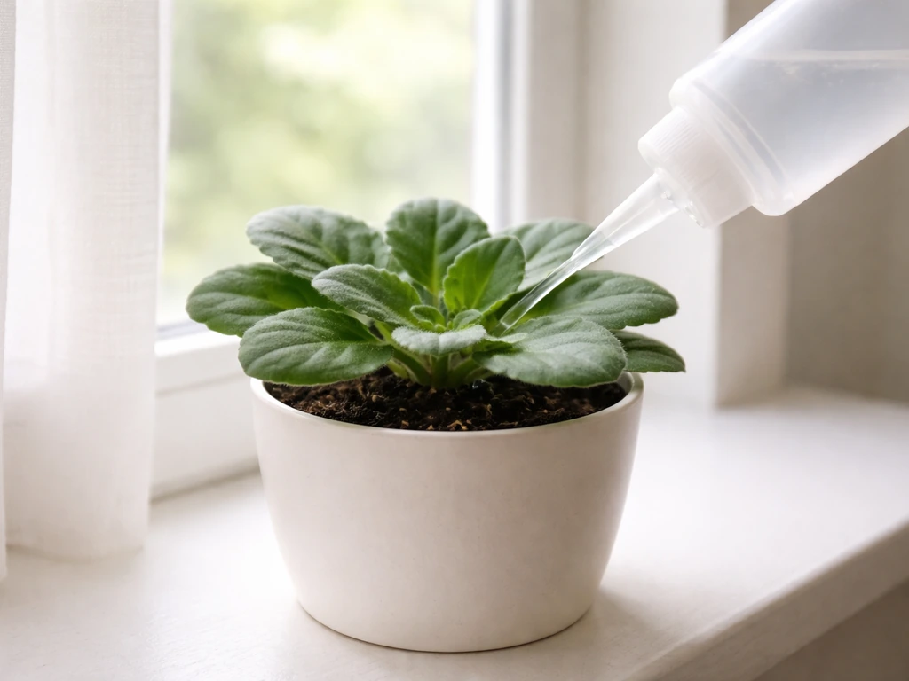 African violet on a bright, filtered windowsill with soil-only watering near the base, leaves kept dry.