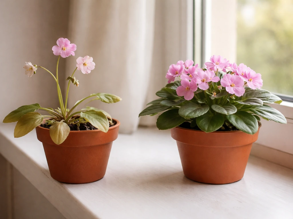 Side-by-side potted flowering plants by a window—left leggy with no blooms, right healthy with flowers.