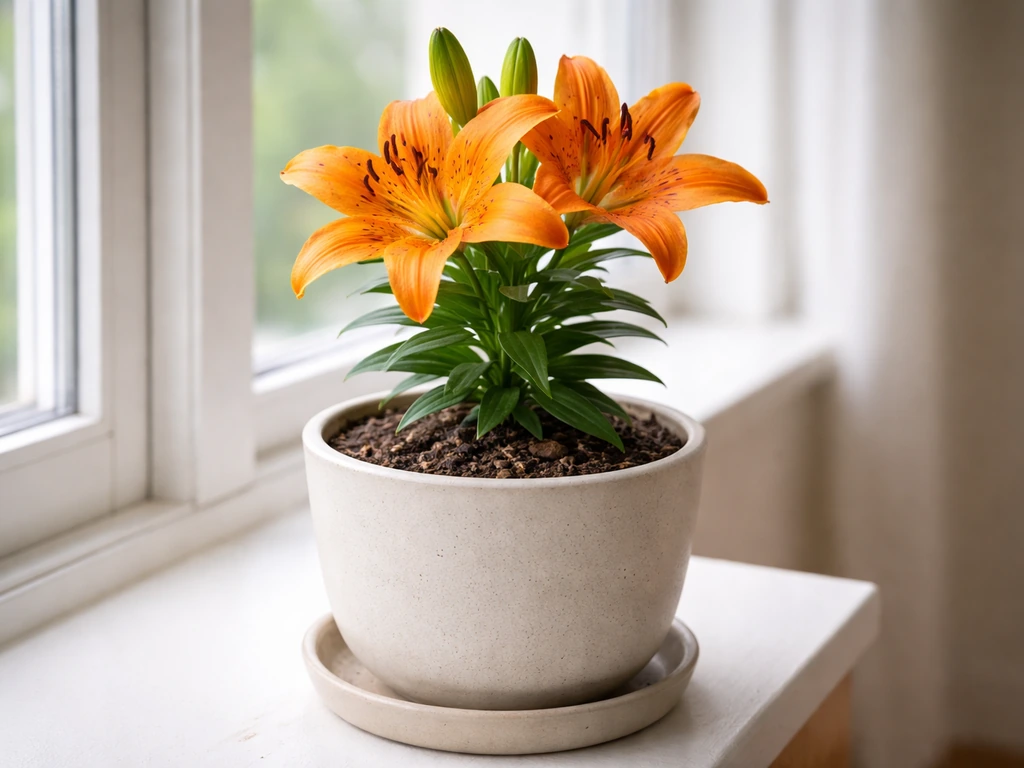Orange tiger lilies blooming in a pot on a bright indoor windowsill.