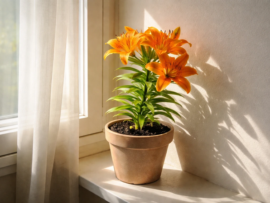 Tiger lily in a pot on a bright windowsill with strong sunlight and clear light direction