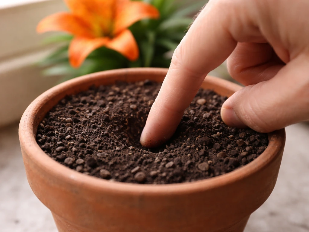 Hand checking moisture 2 inches down in a pot of tiger lilies before watering again.
