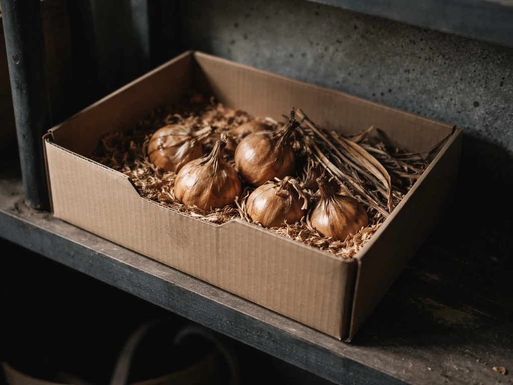Tiger lily bulbs resting in a cool, dark indoor storage box after foliage dies back
