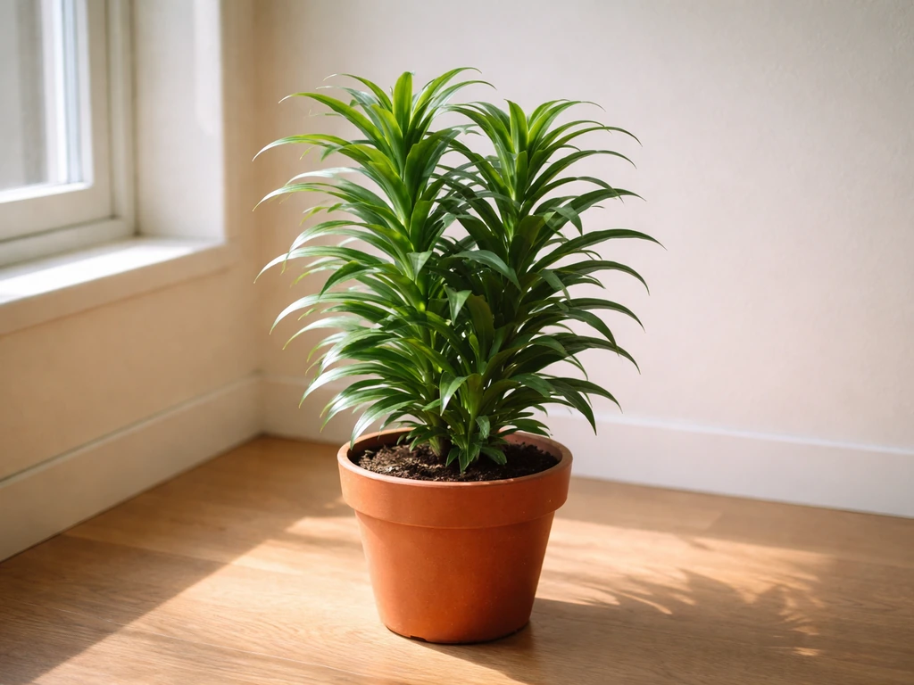 Indoor tiger lily in a pot with no flower buds, placed near a bright window to suggest insufficient light