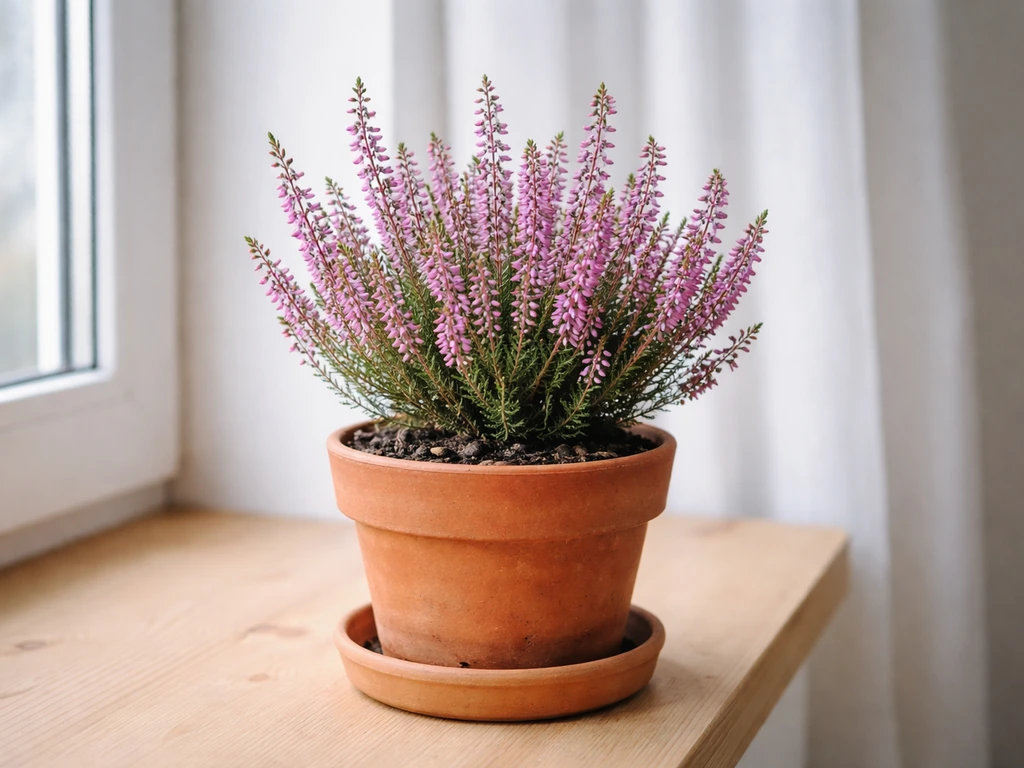 Small indoor heather plant thriving in a bright window, in an earthy pot with soil and drainage.