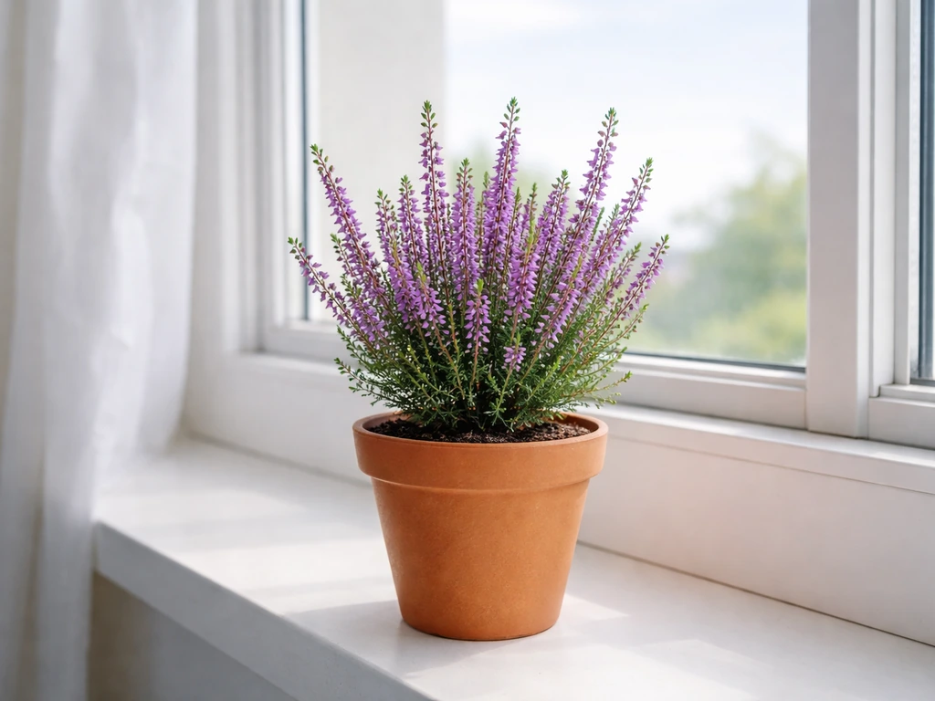 Indoor heather plant in a bright cool window area with a simple pot and light-filled background.