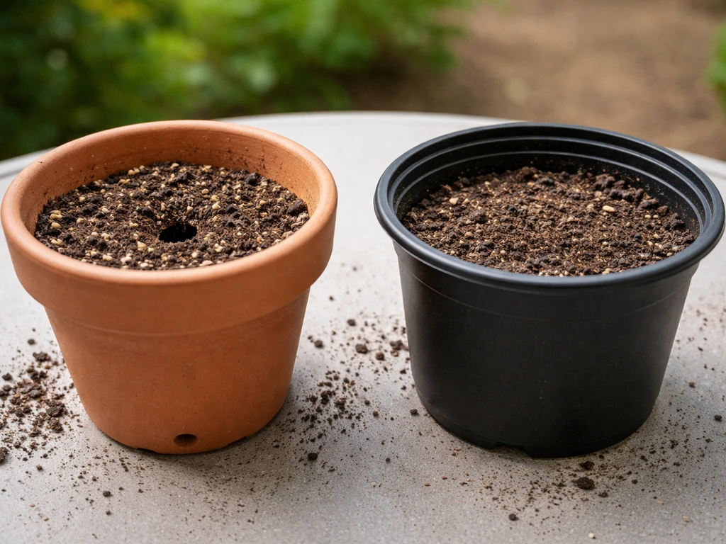 Close-up comparison of a drained un-glazed ceramic pot vs a less suitable plastic pot for heather.