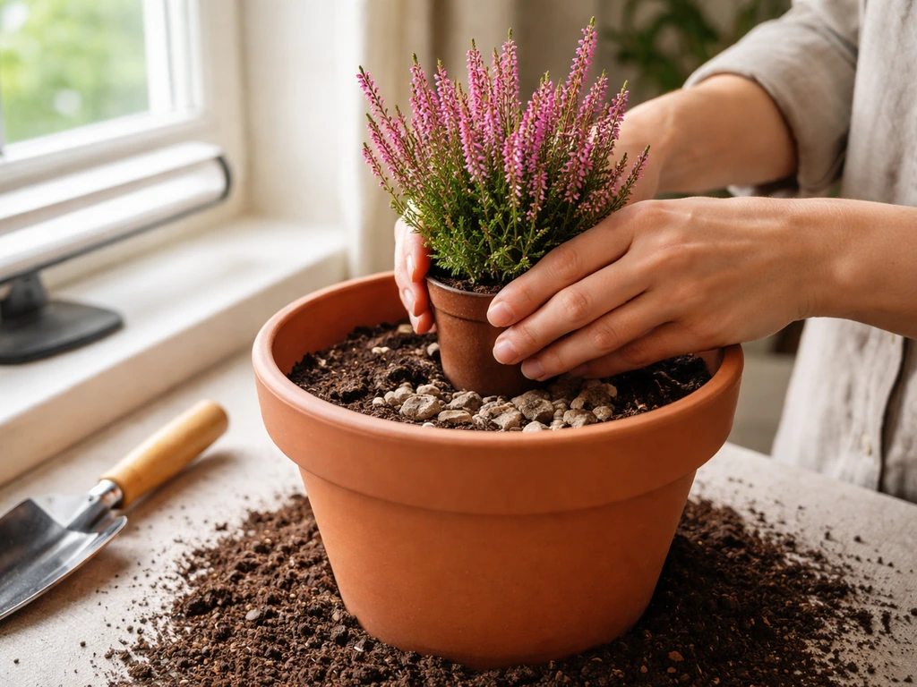 Hands potting indoor heather with a visible drainage layer, placed by a bright window.