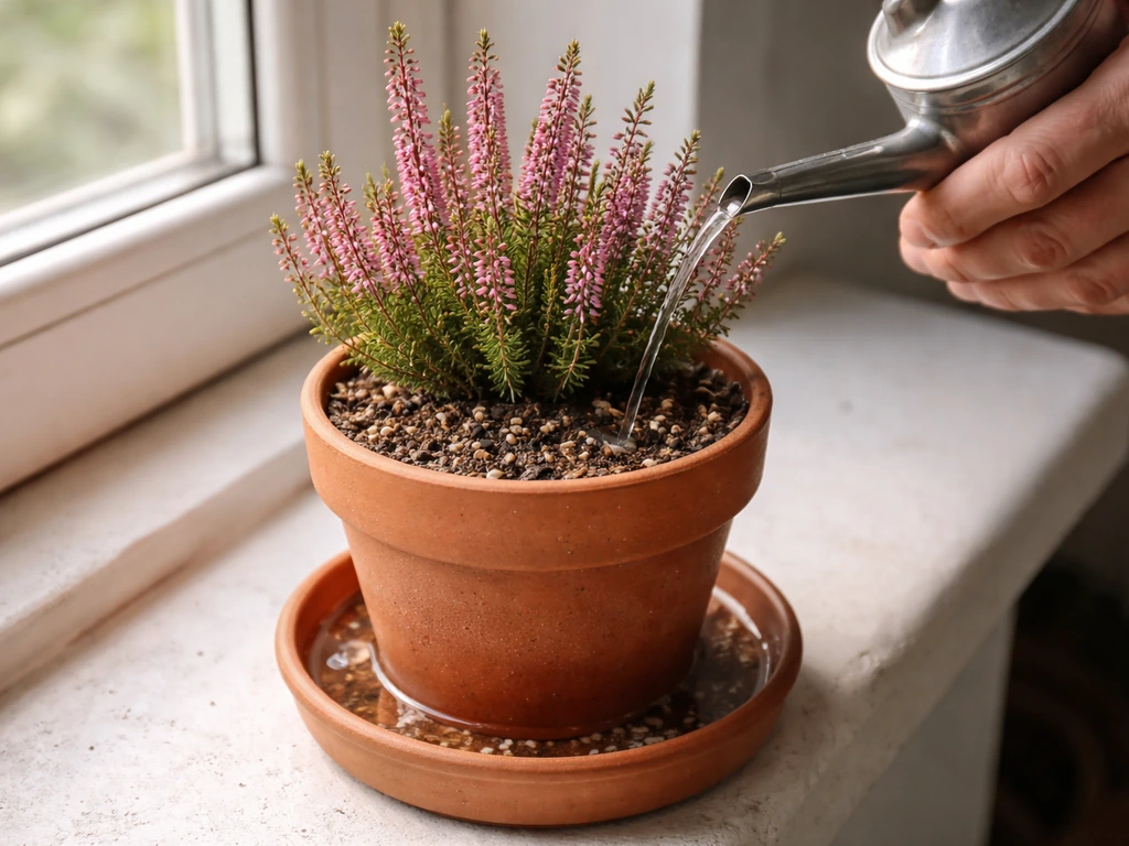 Close-up of heather in a terracotta pot being watered with a drainage saucer to avoid soggy compost.