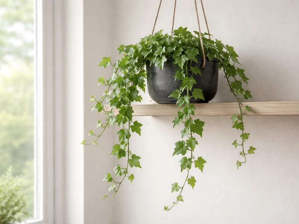 English ivy trailing from a hanging pot near a bright window indoors, lush green leaves and vines
