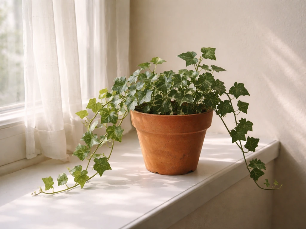 Ivy plant on a bright windowsill near a north/east window with soft indirect light