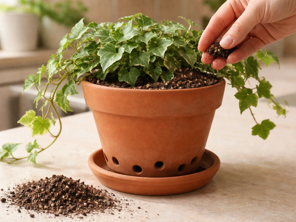 Ivy plant in a terracotta pot with drainage holes, showing well-draining potting mix texture