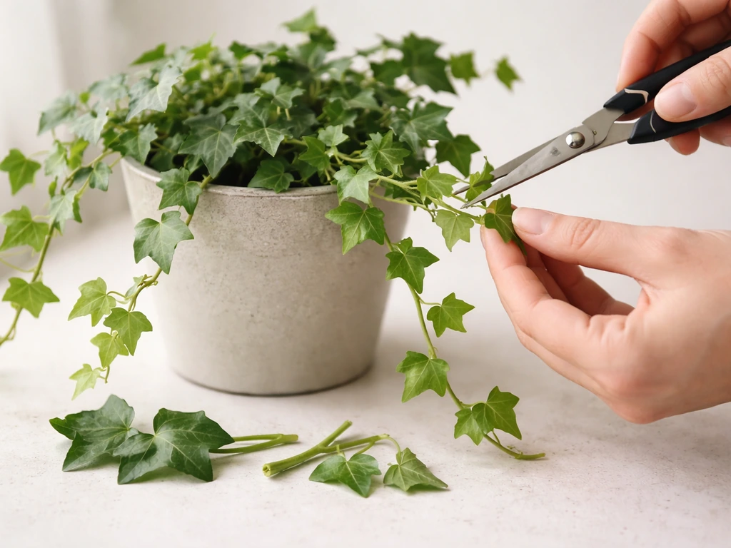 Hand pruning ivy tips with clean scissors, pruned stems lying beside the plant