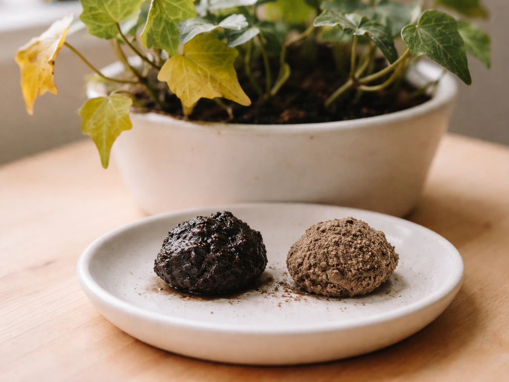 Close-up of ivy leaves with yellowing foliage beside two small soil samples showing wet vs not-wet.