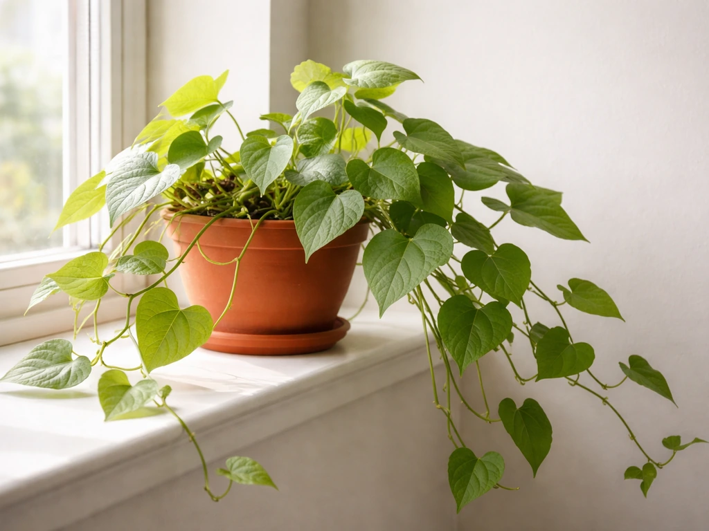 Trailing sweet potato vine cascading from a small pot in a bright indoor window spot.