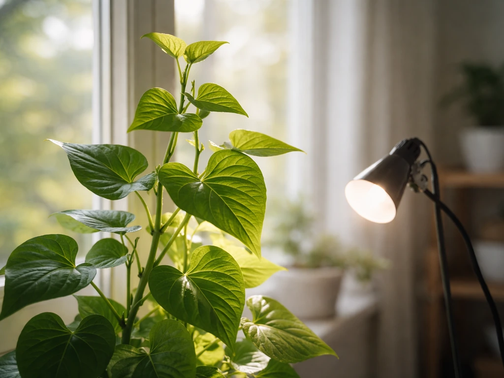 Sweet potato vine leaves reaching toward a bright window next to a small grow light setup.