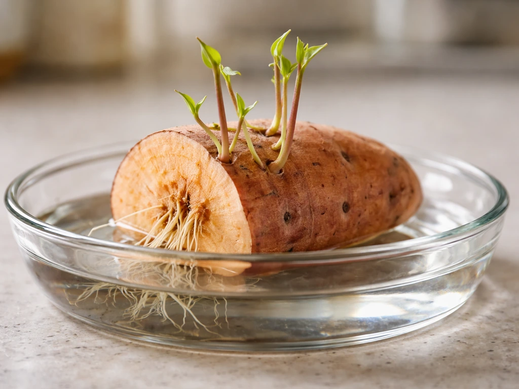Sweet potato cut-side in shallow water as roots and sprouts emerge in a simple kitchen setup