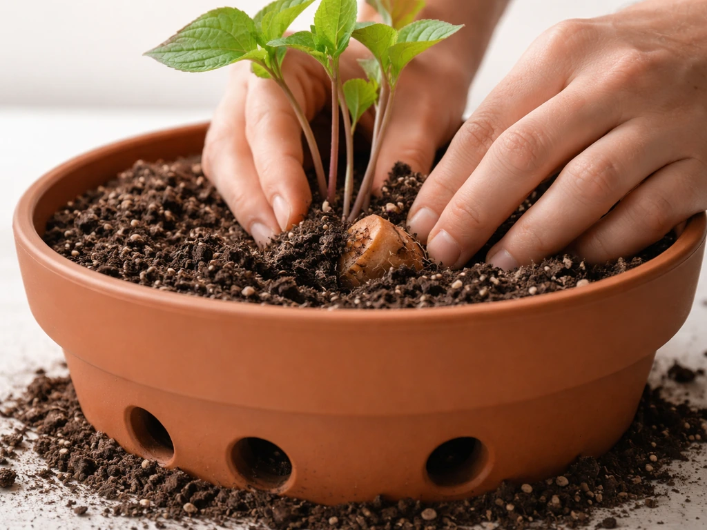 Closeup of sweet potato slips being placed in a pot with fluffy potting mix and visible drainage holes