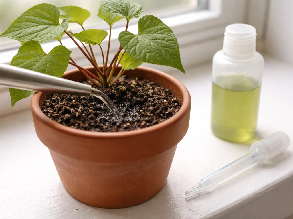 Handwatering an indoor sweet potato vine soil line with watering can; fertilizer bottle and dropper nearby.