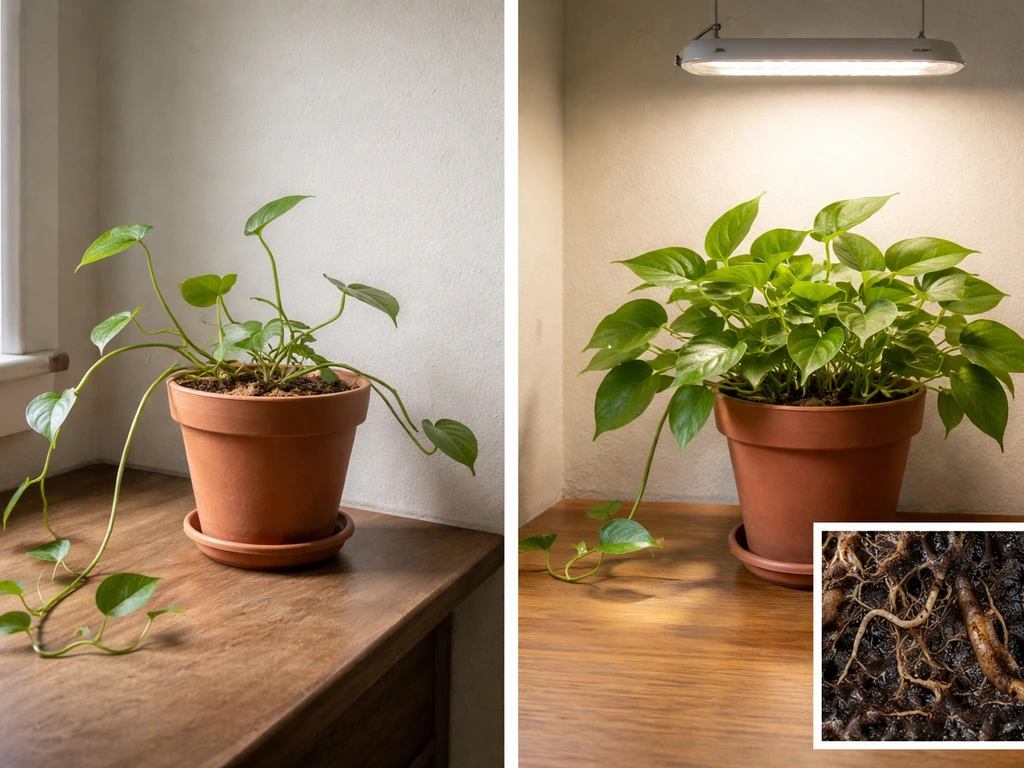 Split view indoor plants: leggy stems near a window, and a grow-light placement with root-rot warning inset