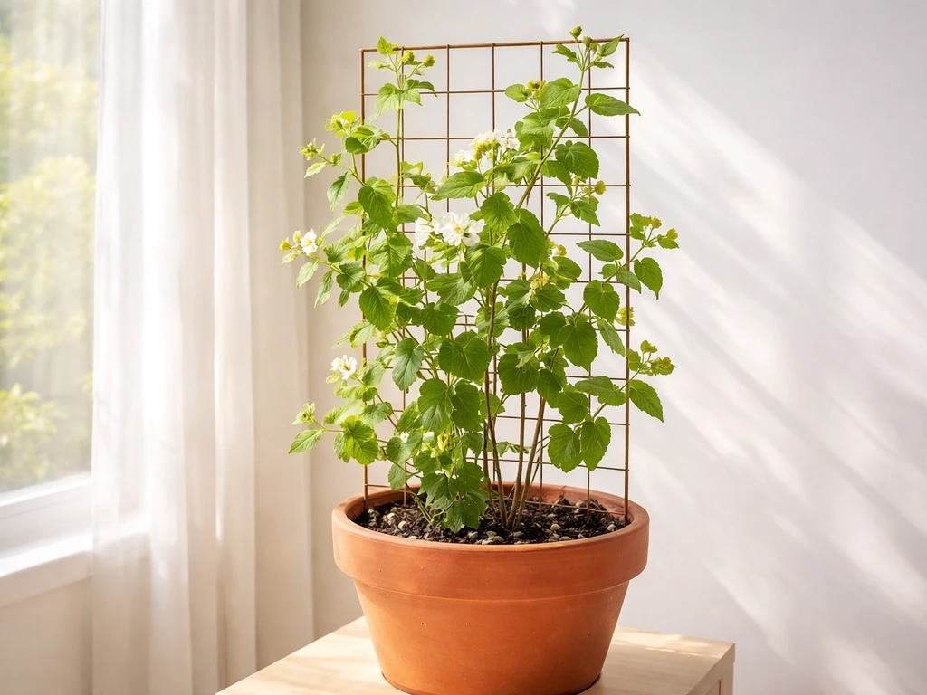 Indoor honeysuckle in a large pot training up a small trellis beside a sunny window.