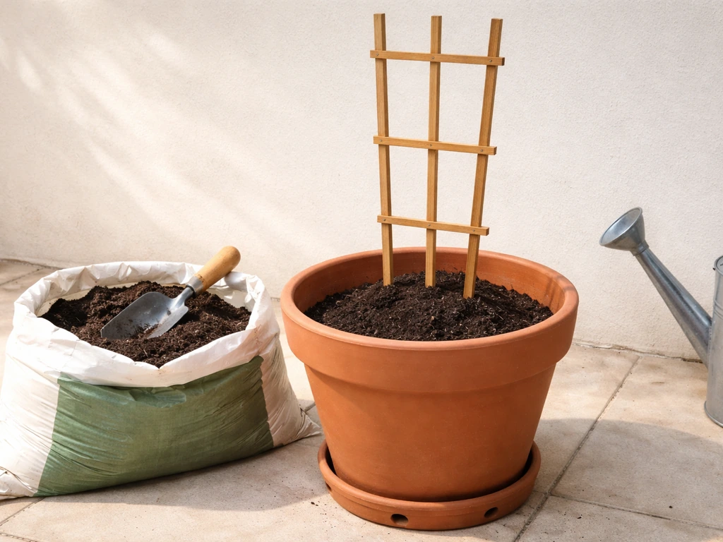 Honeysuckle container setup showing a large pot with drainage holes, soil mix, and a trellis support