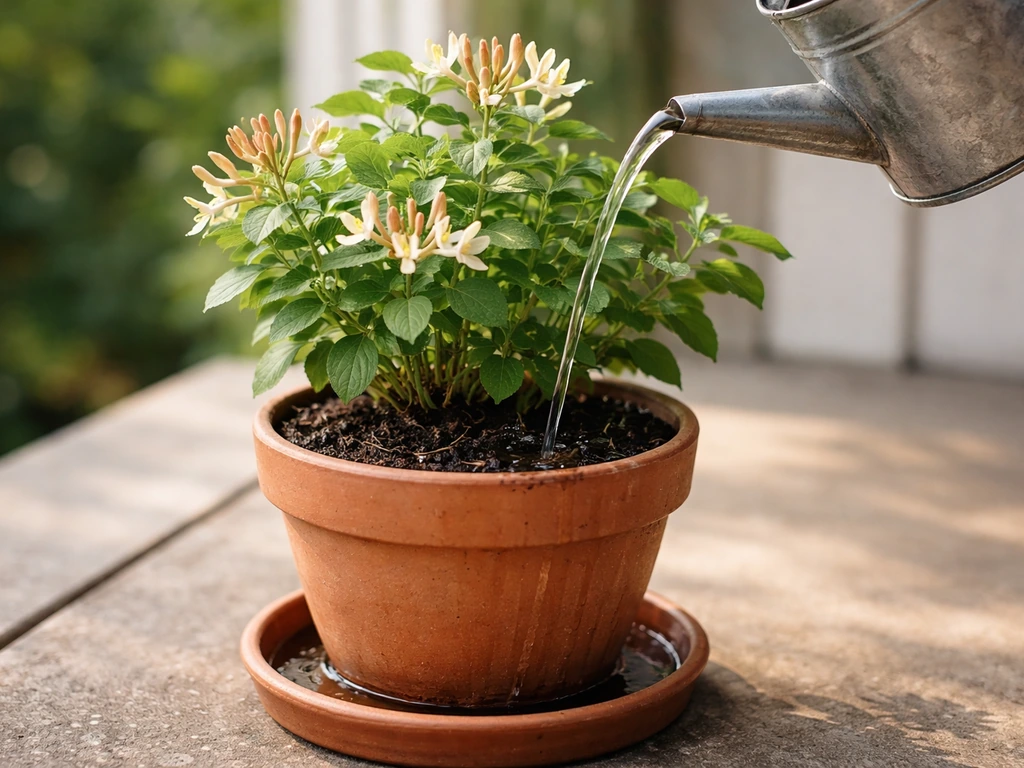 Watering a potted honeysuckle with a watering can until water drains from the bottom tray.