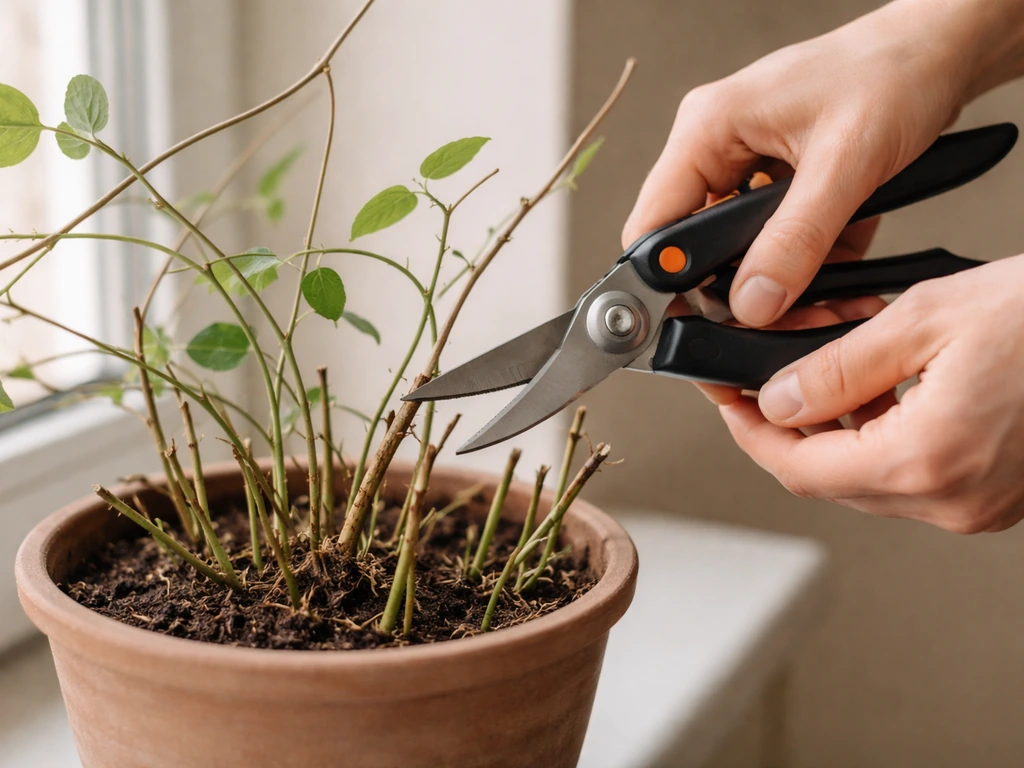 Hands using clean pruners to trim overgrown indoor honeysuckle stems, showing distinct pruned cuts.