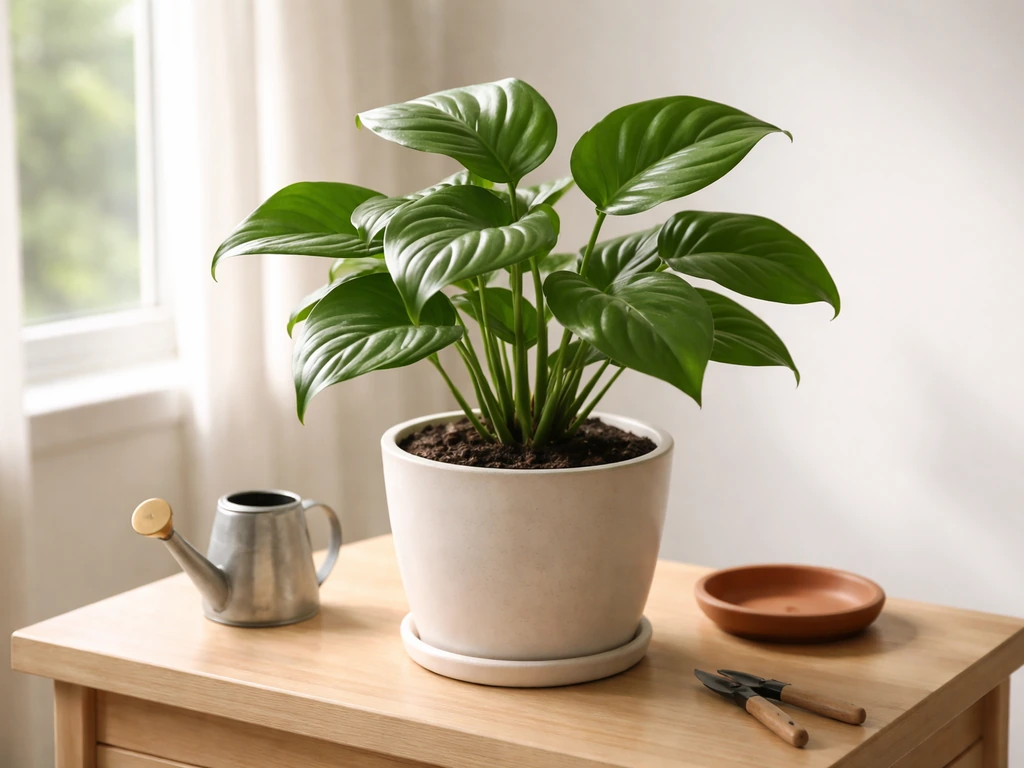 Lush indoor philodendron in a simple pot near a window with soft natural light.
