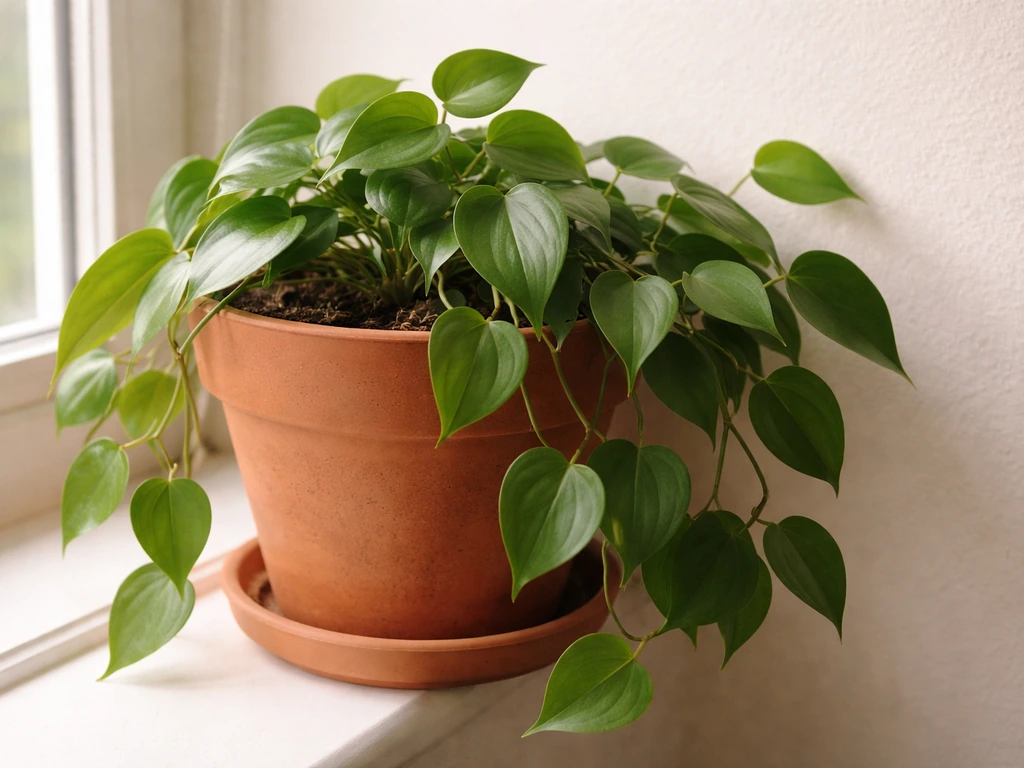 Heartleaf philodendron trailing from a pot on a sunny indoor windowsill, showing easy, lush growth.